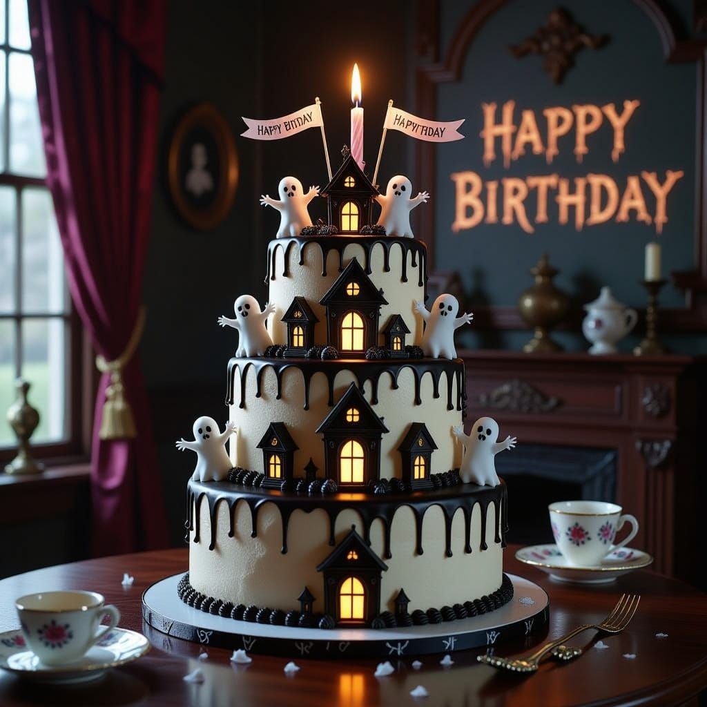 Haunted Mansion Birthday Cake in Candlelit Victorian Parlor