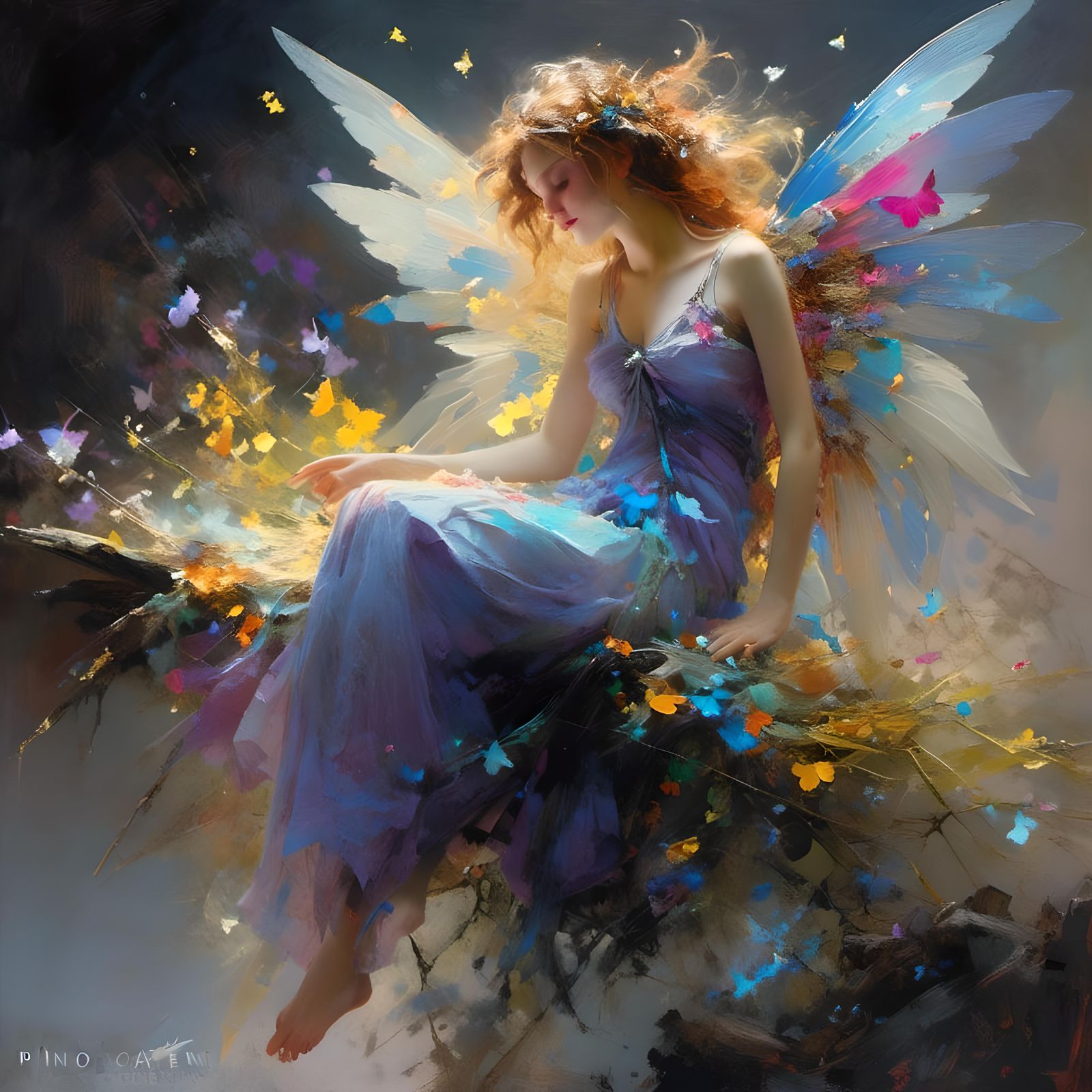 <lora:Darken:1.0> Fantasy fairy with beautiful wings, by pino daeni