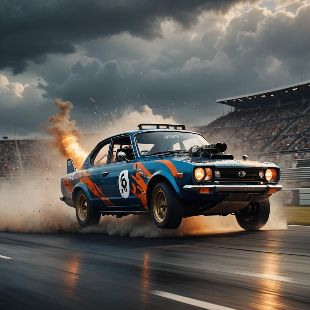 Datsun 1600 Races with Motion Blur, Splash Art