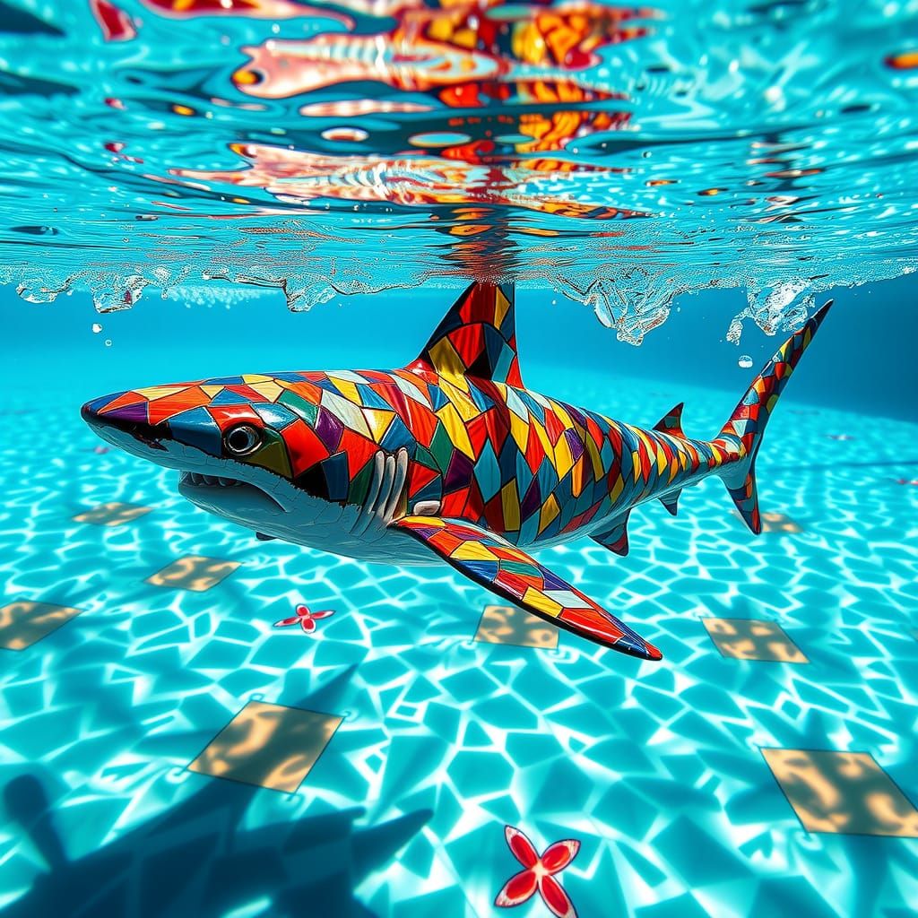 Mosaic Shark Swimming in Public Pool
