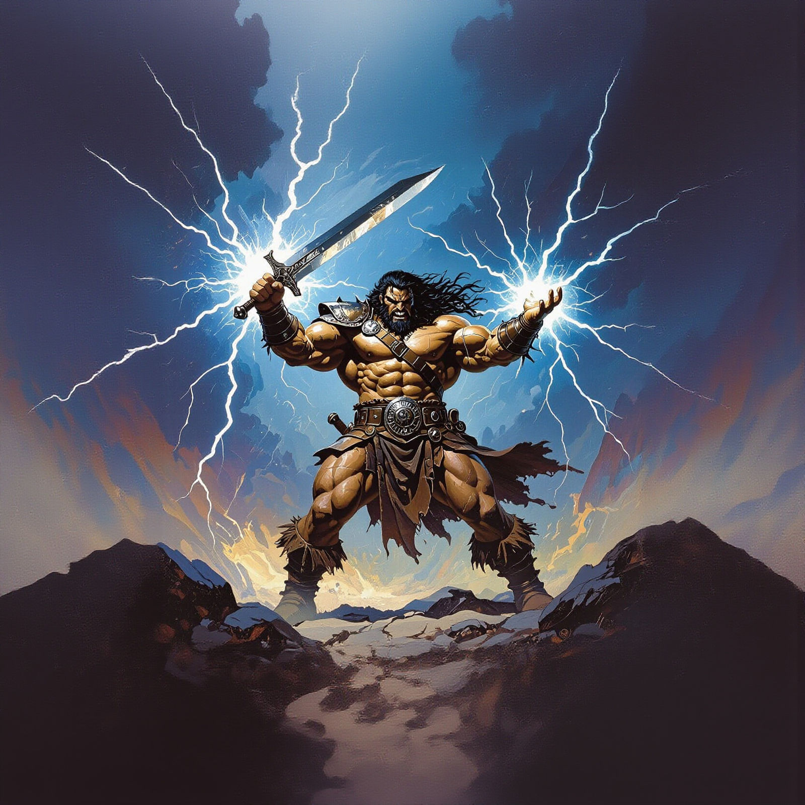 Barbarian Wielding Lightning in Classic Fantasy Art