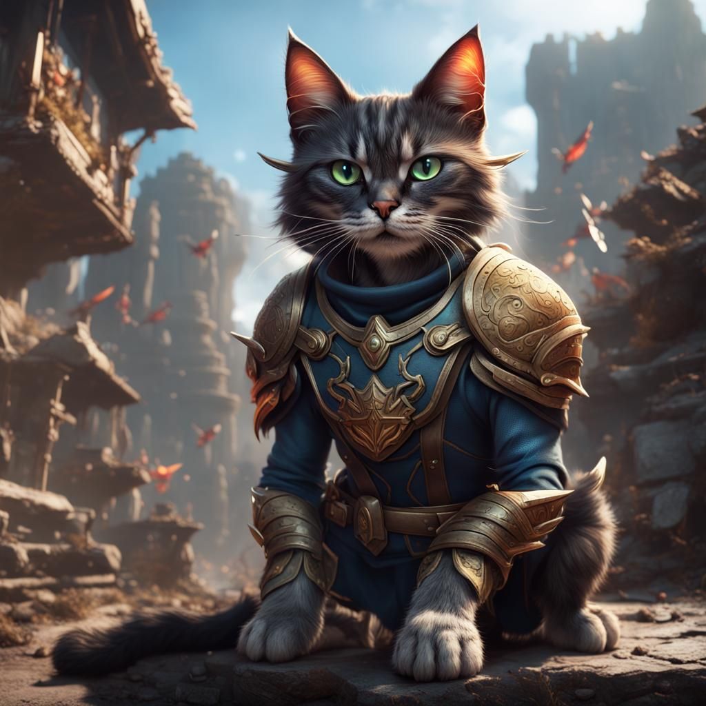 Hero Cat Ready for Action in Detailed Digital Painting