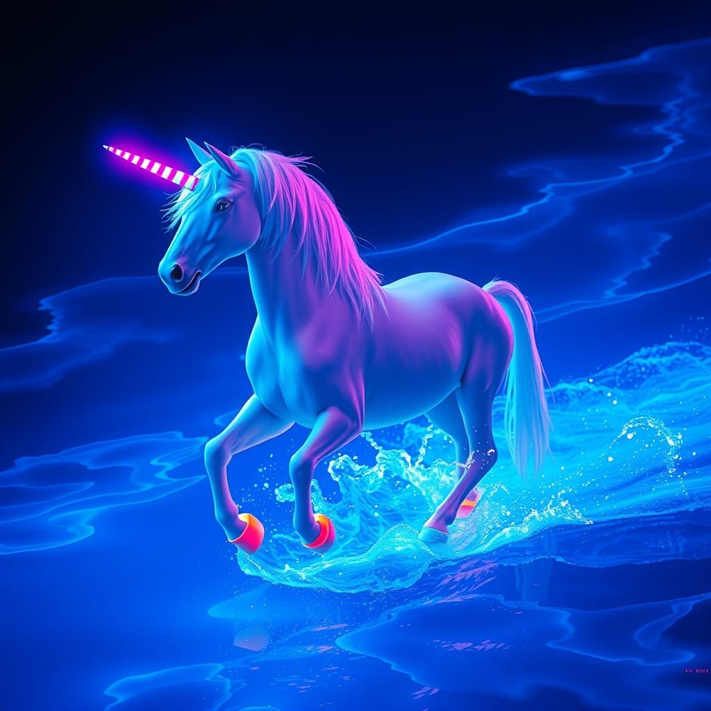 Cyberpunk Unicorn Riding Fluorescent River in 4K