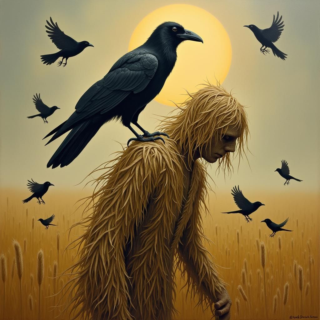 Black Raven on Scarecrow in Golden Field, Oil Painting