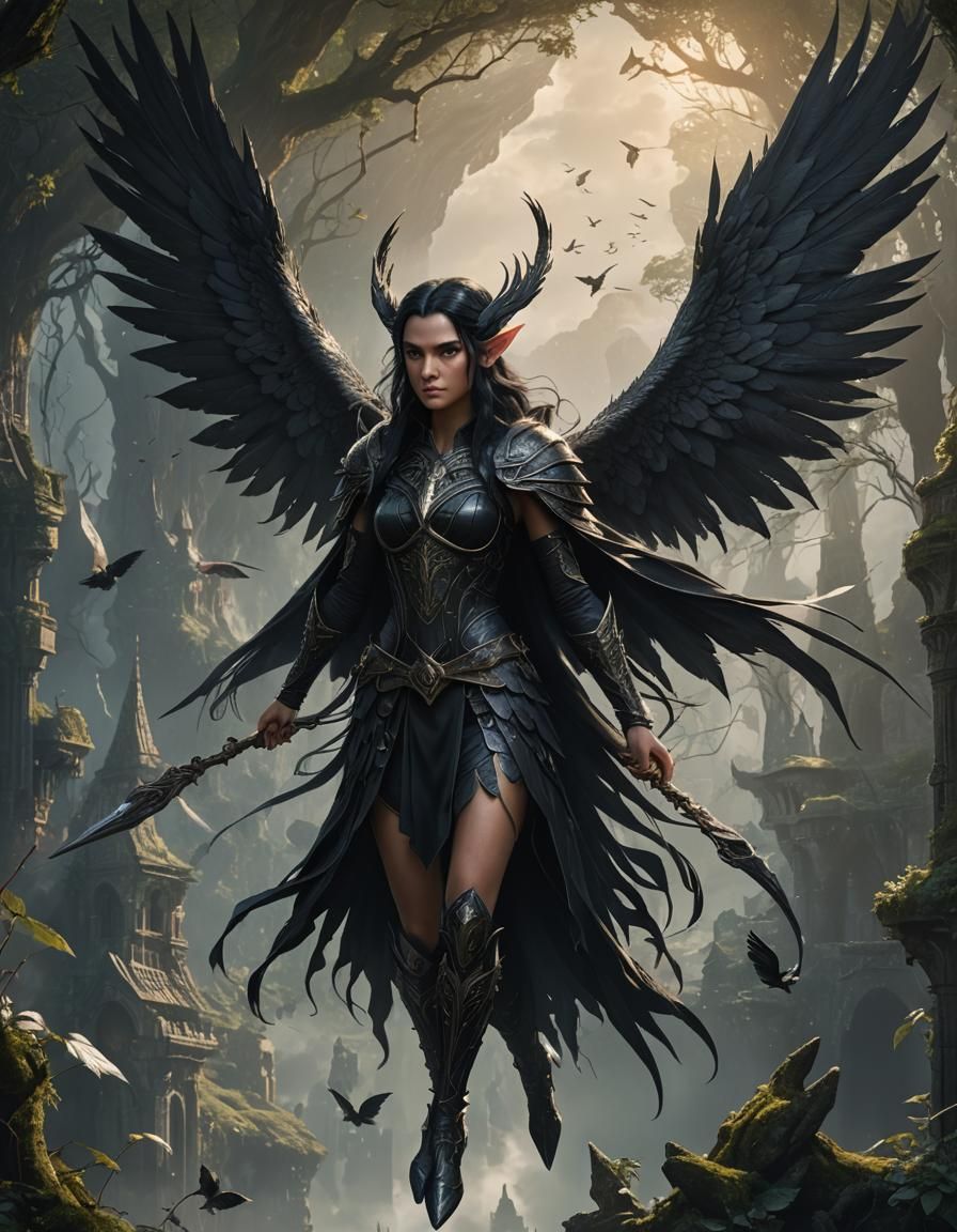Winged Female Elf with Black Wings