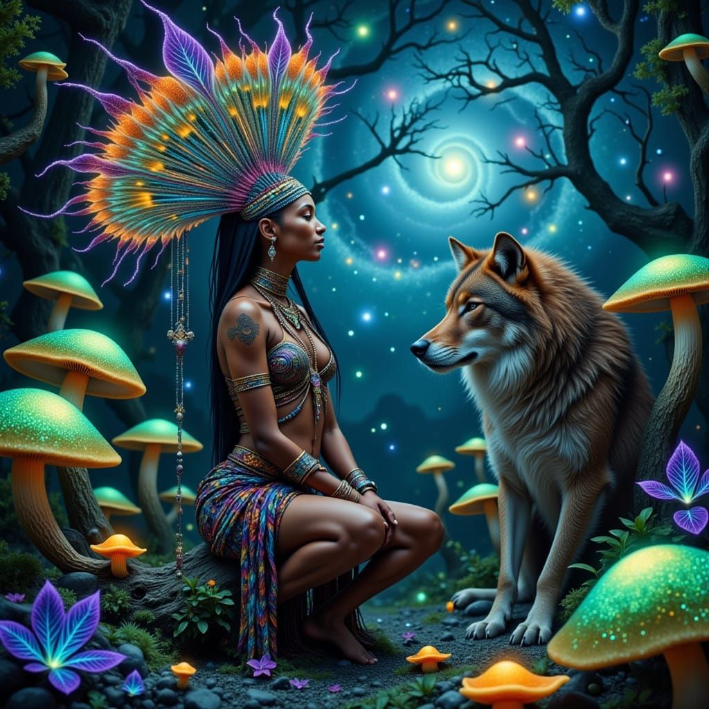 Mysterious African Shamaness Amidst Glowing Forest