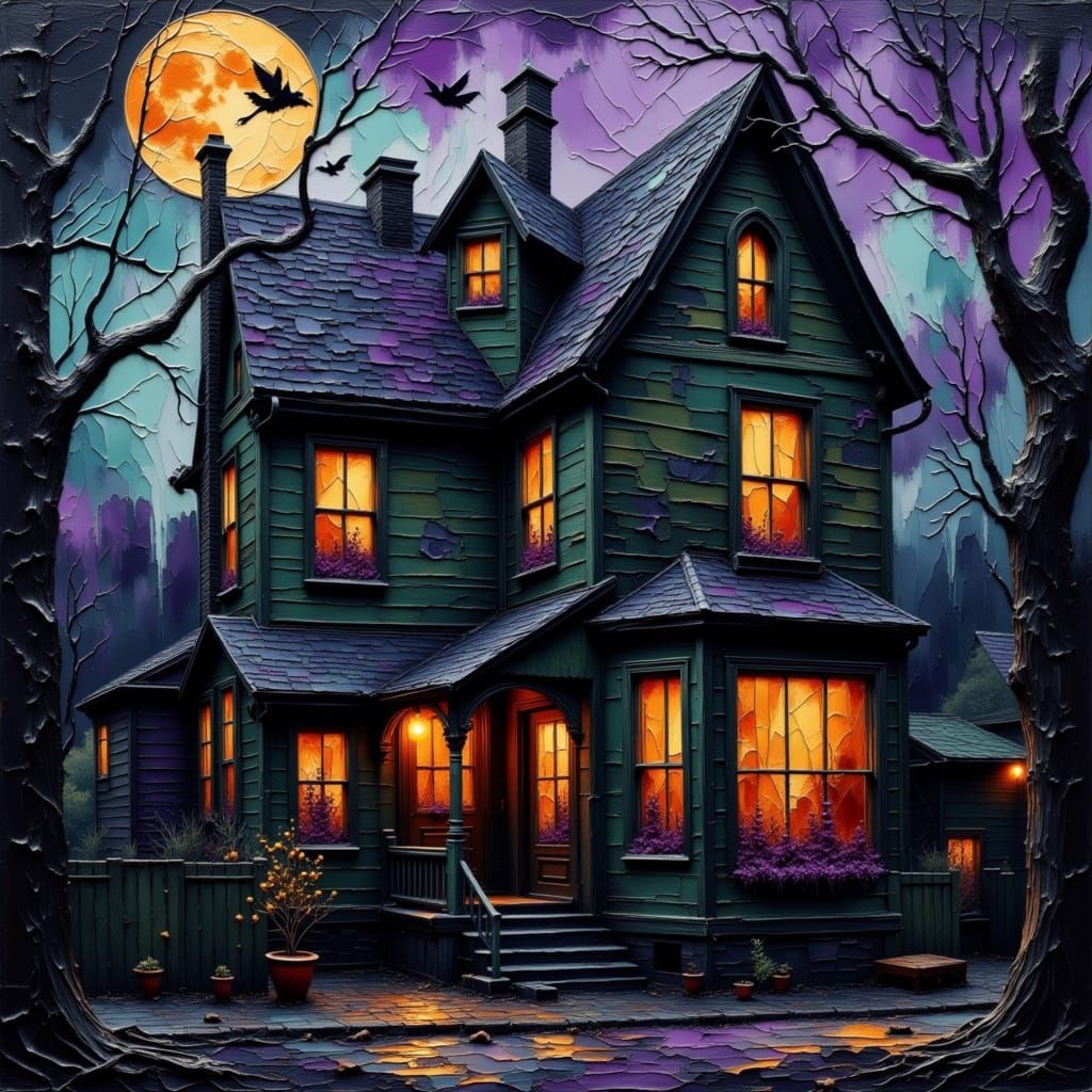 Haunted Stained Glass House on Overcast Night