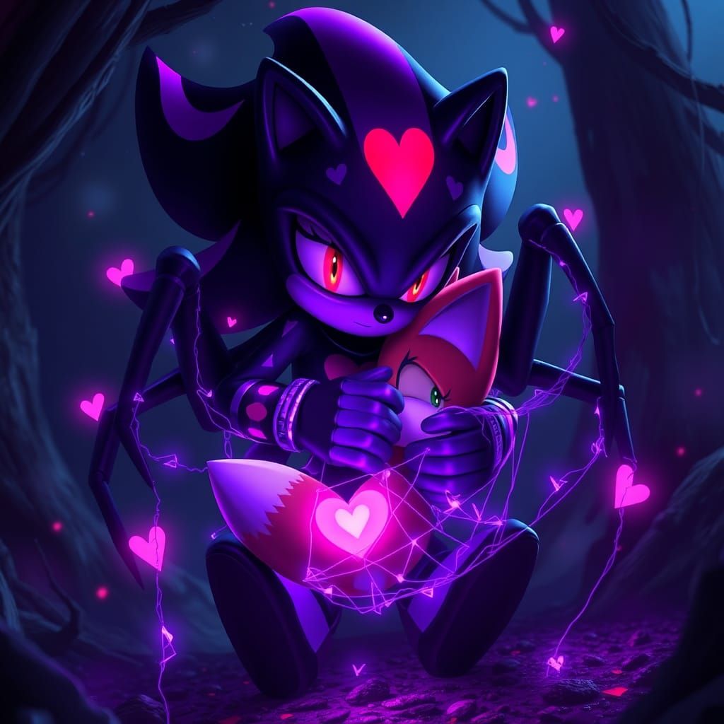 Shadow Hedgehog Cradling Tails in Fantasy Setting