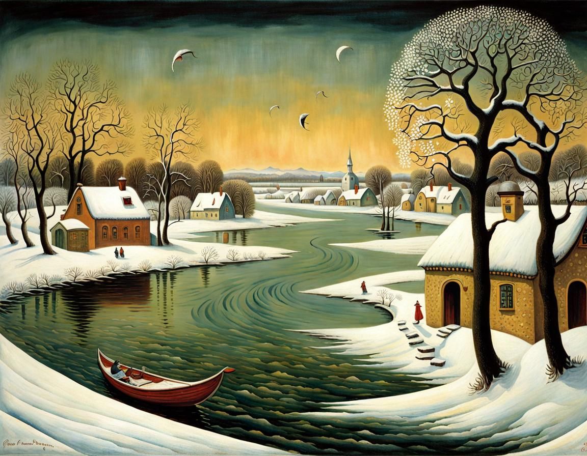 Whimsical Winter Riverside in Stormy Snowfall