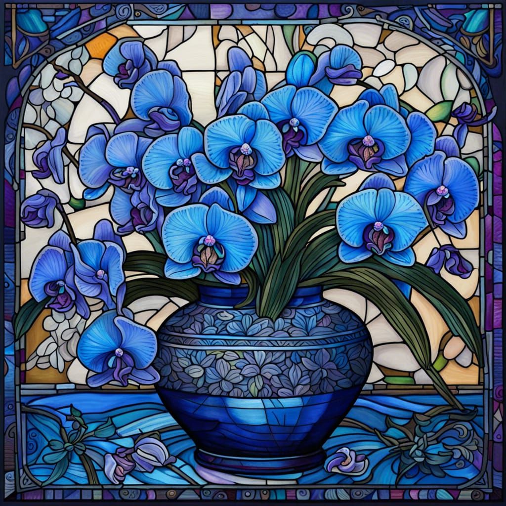 Blue Orchids in Stained Glass Style