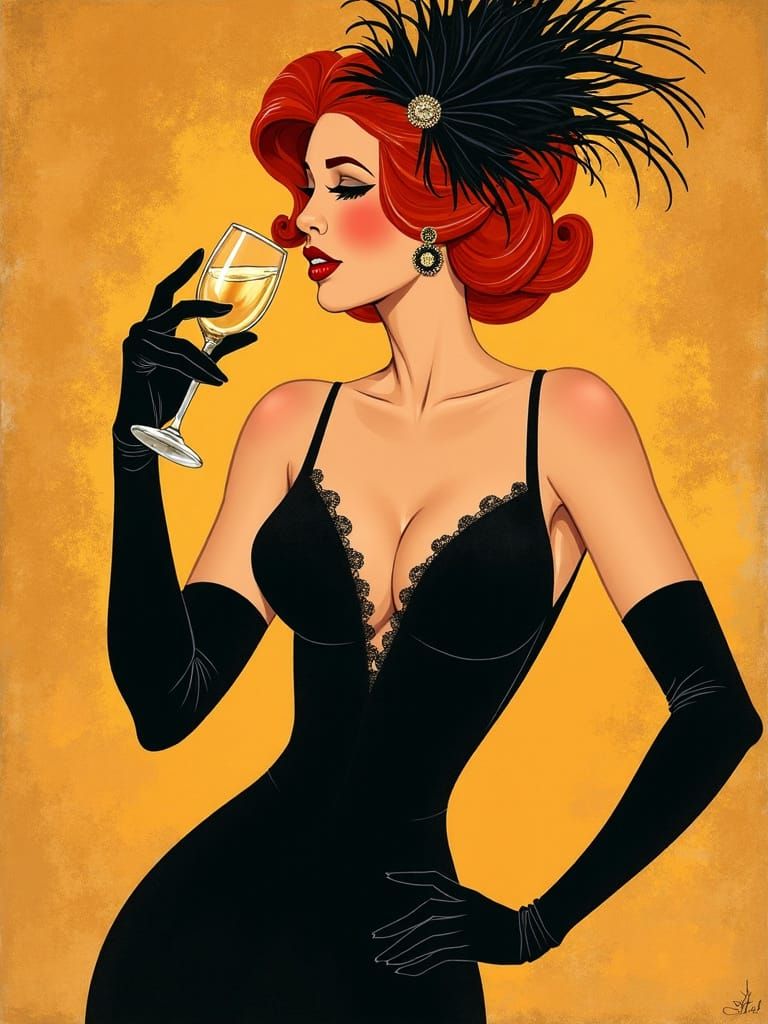 Elegant Woman in Art Nouveau Style with Red Hair and Black F...