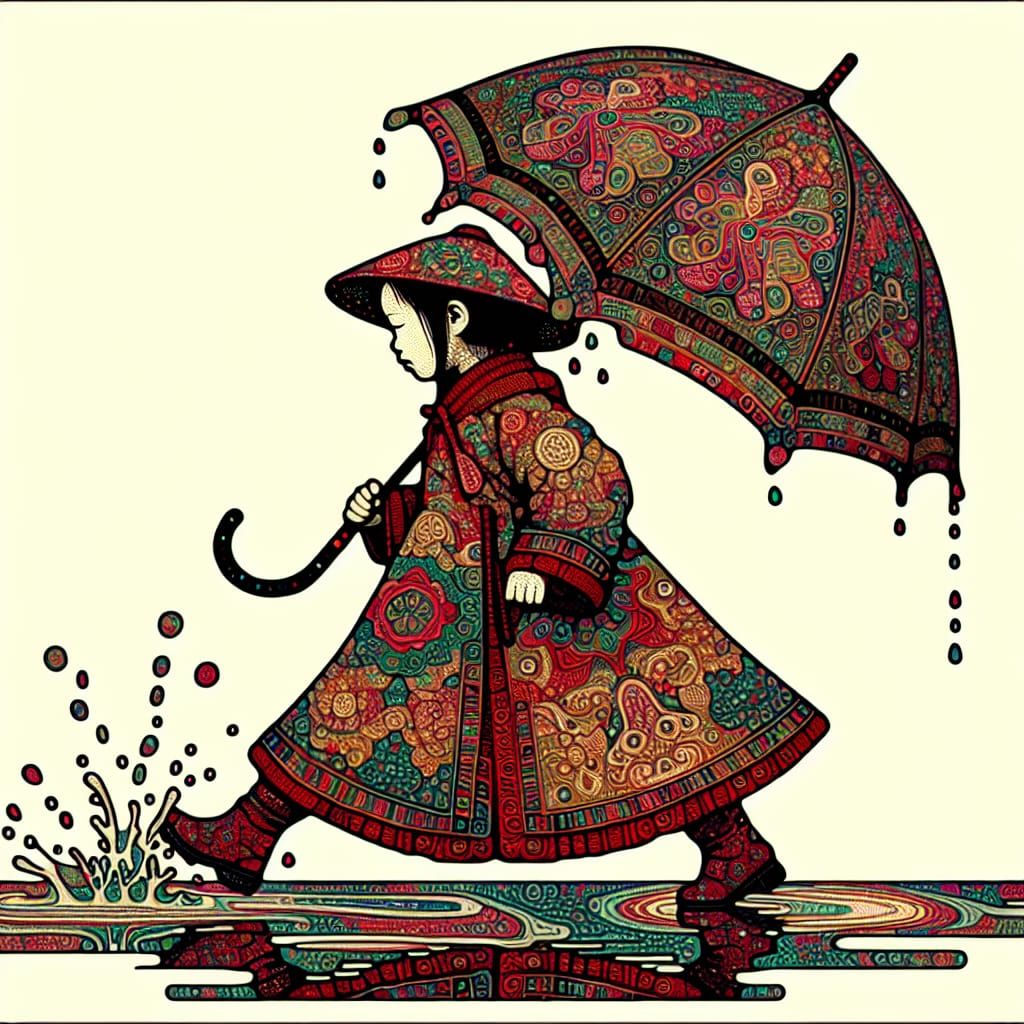 Southeast Asian Girl in Bright, Primitivist Umbrella Scene