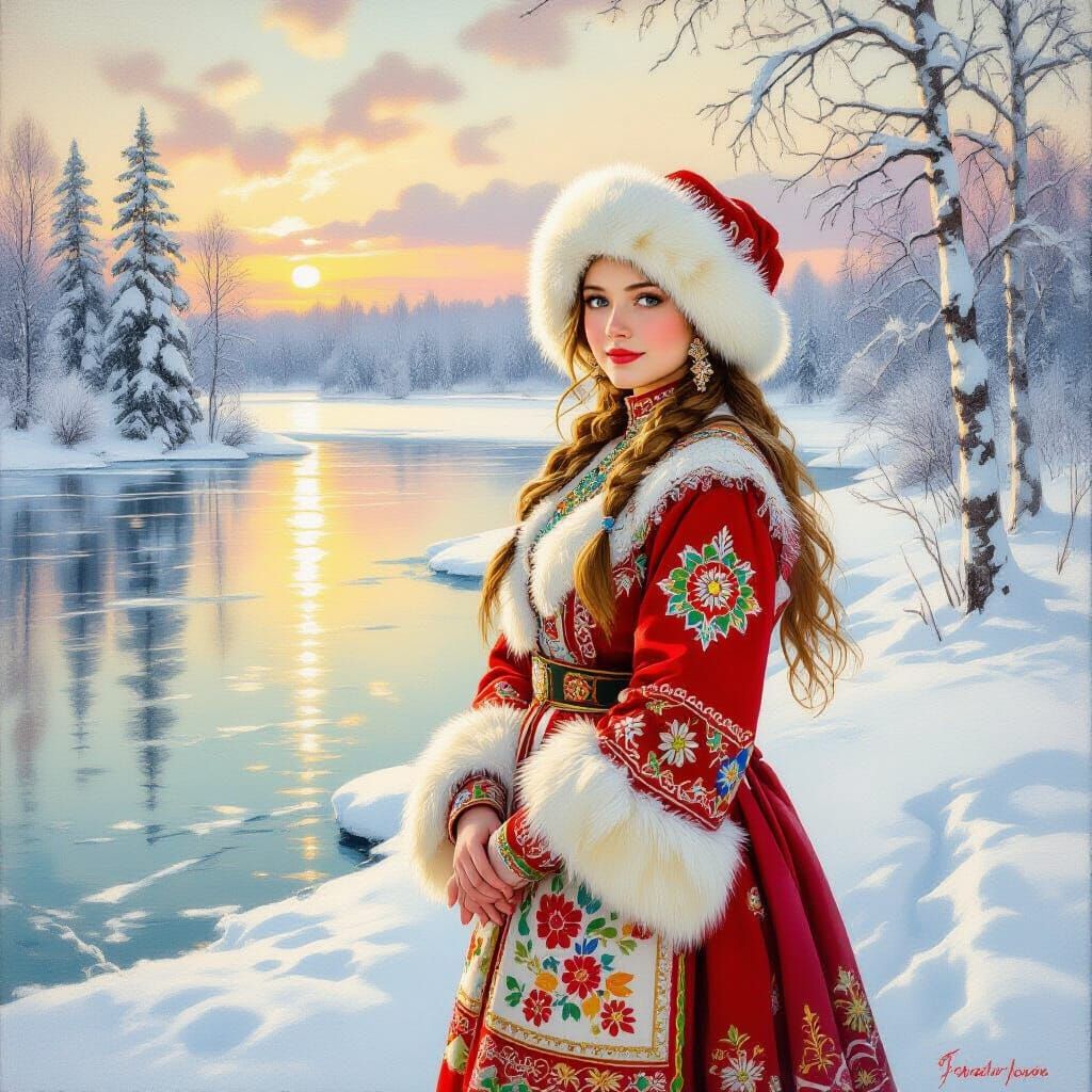 Russian Girl on Snowy Lake, Classical Painting Style