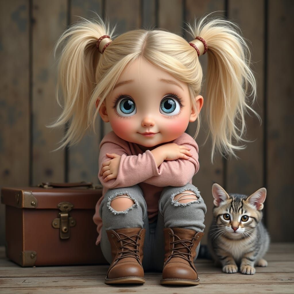 Little Girl with Messy Pigtails and Torn Pants