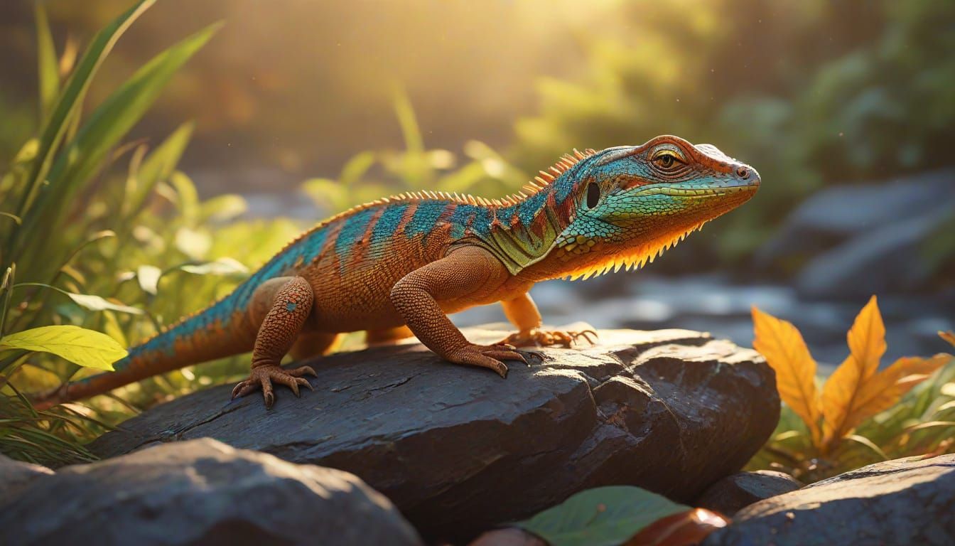 Colorful Lizard in Sunlit Stream: Vivid Digital Art