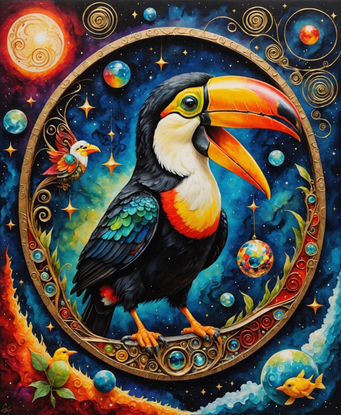 Toucan in Space: Surreal Mixed Media Painting