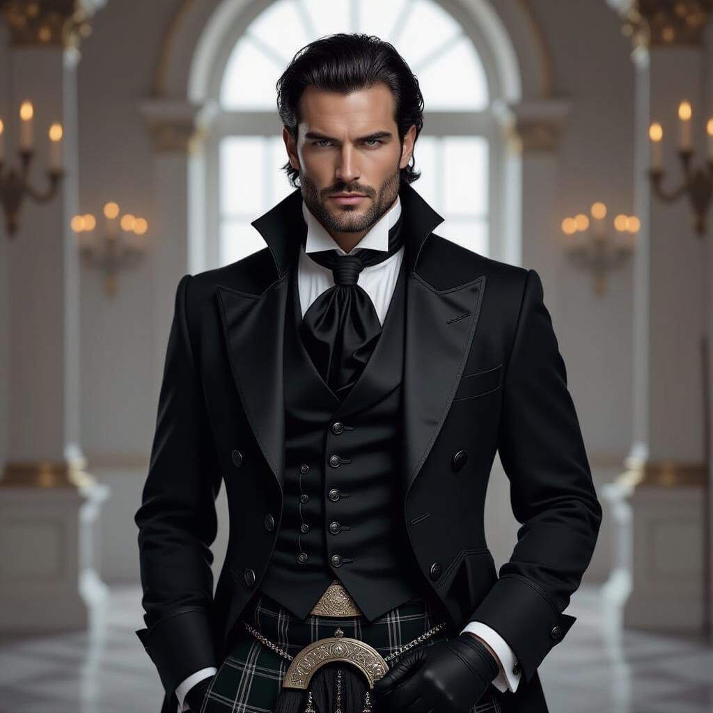 Envision a distinguished Scottish Laird, circa 1817, with pi...