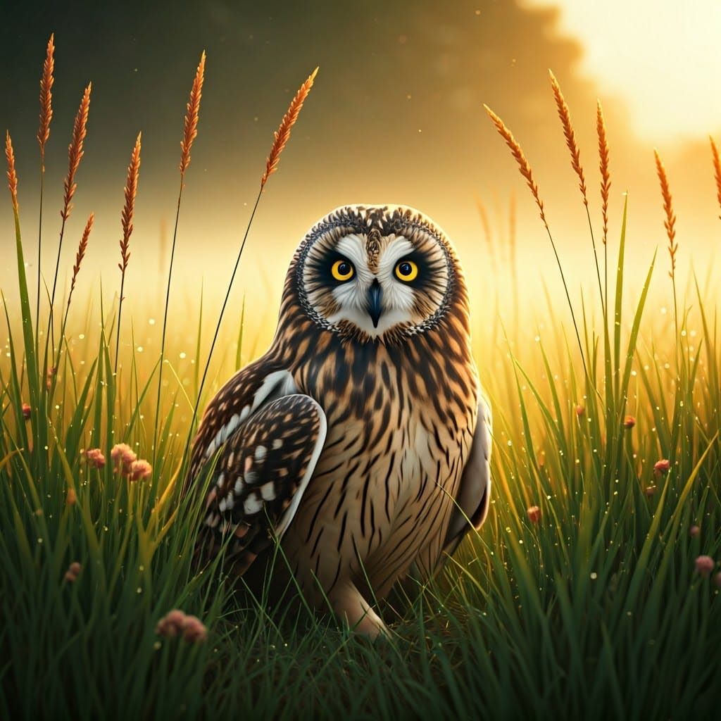 Short-Eared Owl in Grassy Field at Dawn