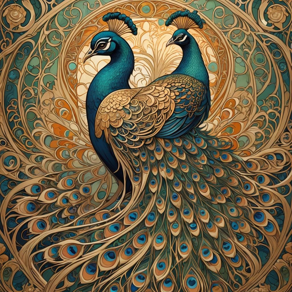 Elegant Peacock Illustration in Art Nouveau Style