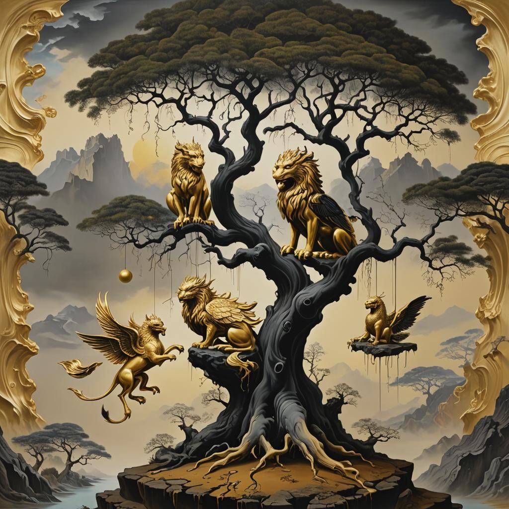 Gryphon Bonsai: Surreal Fusion in Oil