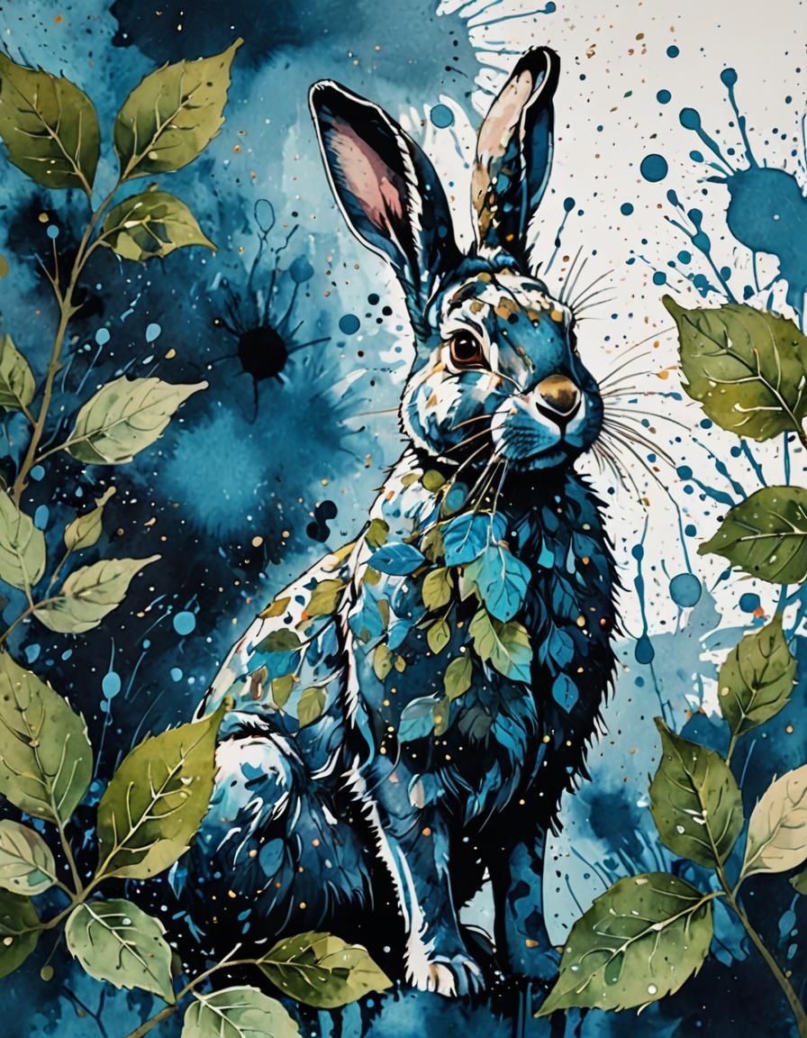 Ink Splatter Rabbit with Fig Leaves Art