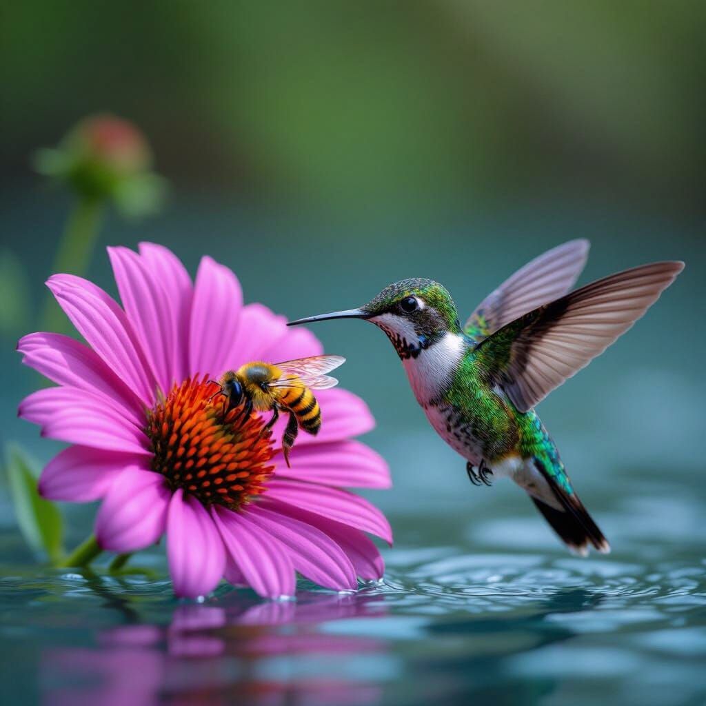 Hummingbird Attacked by Bee Near Flower in Realistic Style