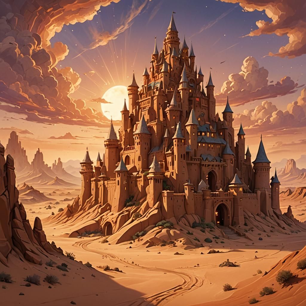 Earth Bender Creates Sandstone Castle in Desert Sunset