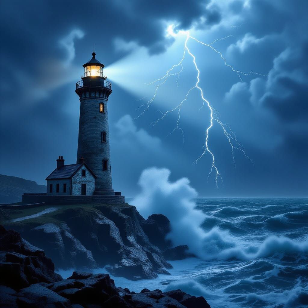 Weathered Lighthouse Amidst Stormy Seas