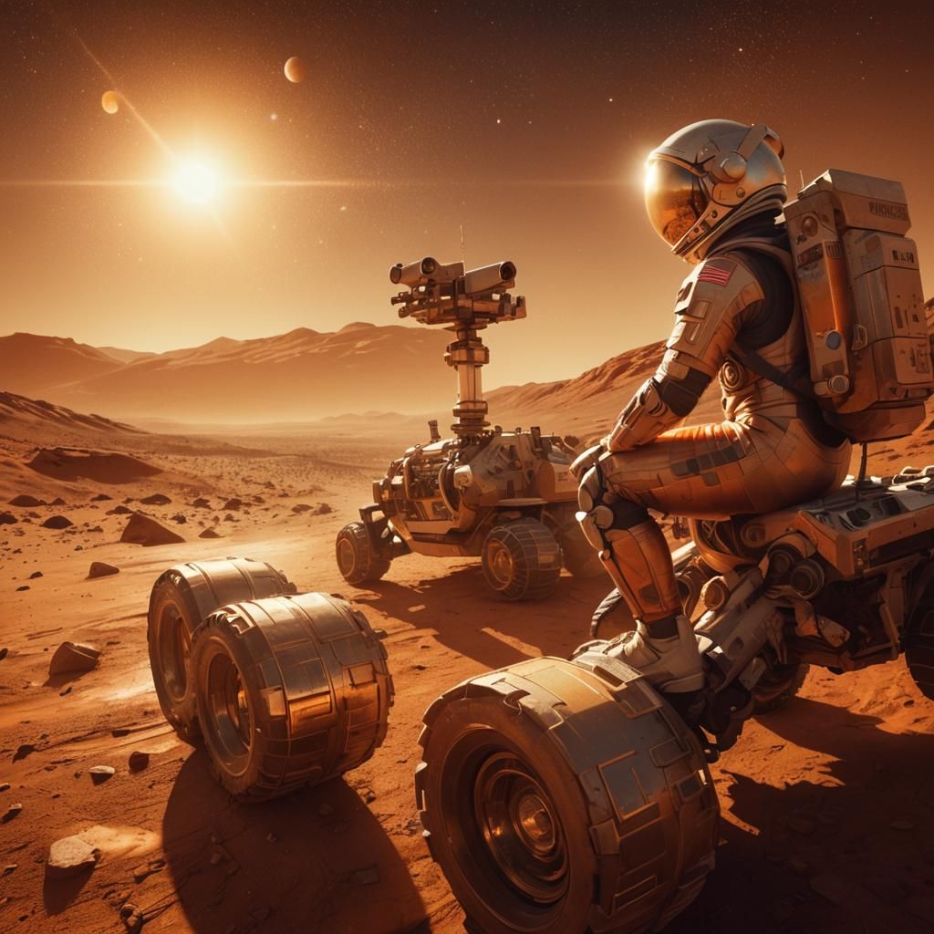 Astronaut Rides Rover on Mars in Golden Light