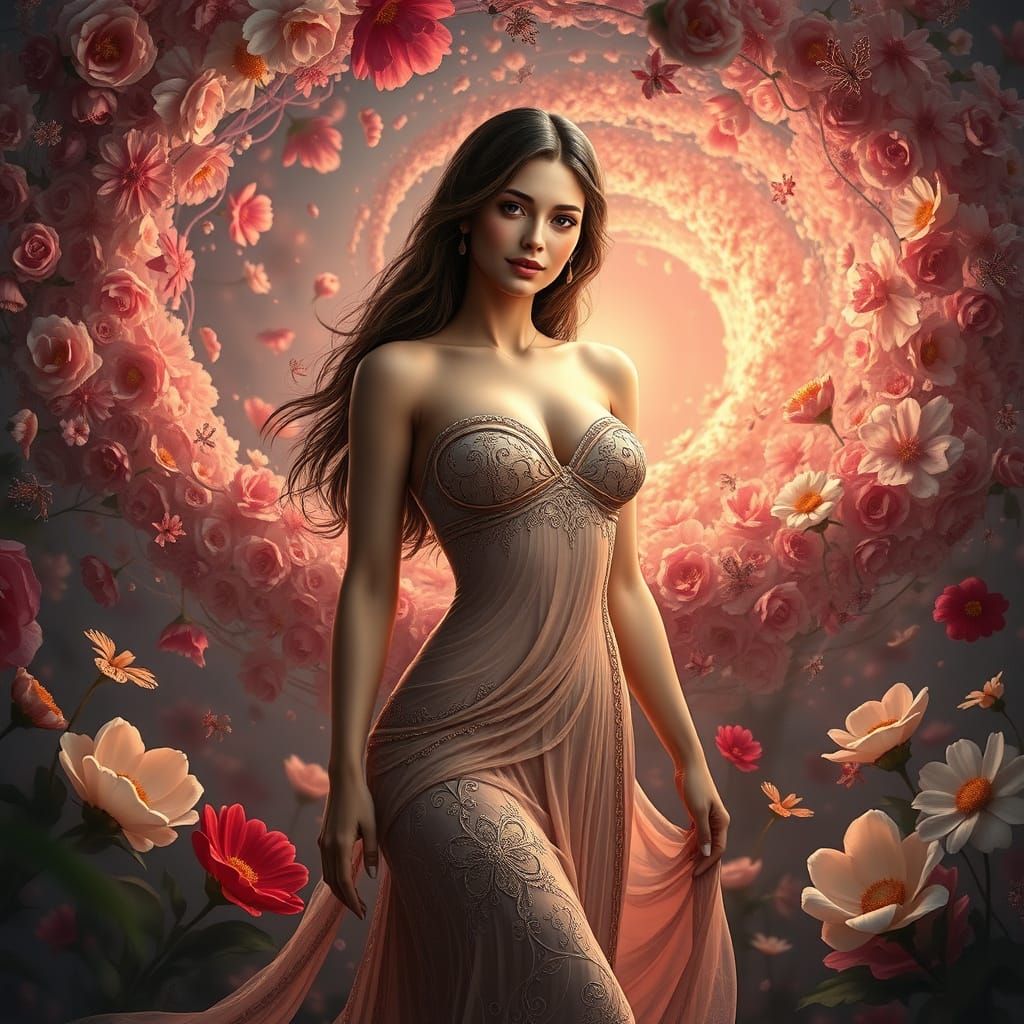 Brunette Venus in a Flowers Tornado, Digital Matte Painting