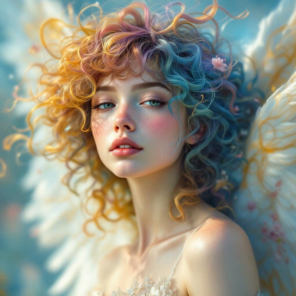 Luminous Angel with Colorful Hair, Art Nouveau Style