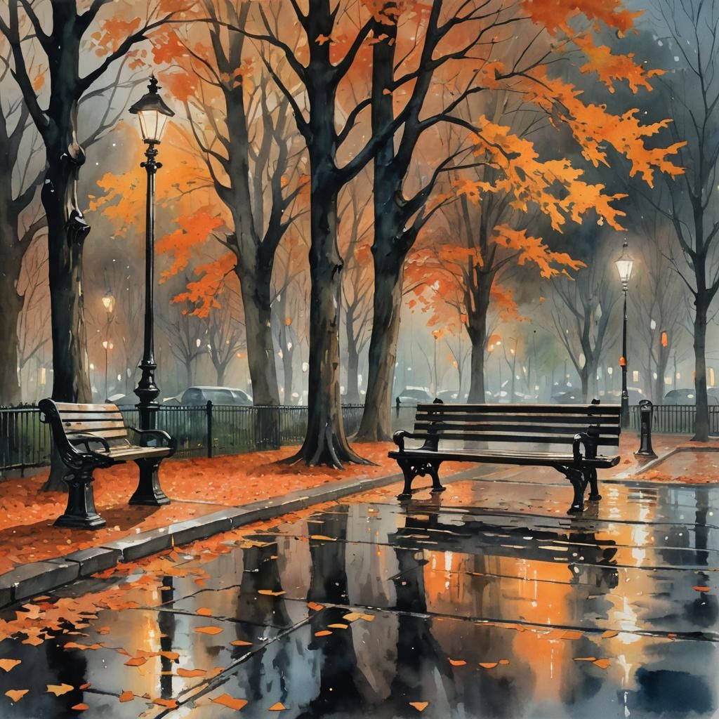 Park Bench in Rain in Gouache Watercolor Style