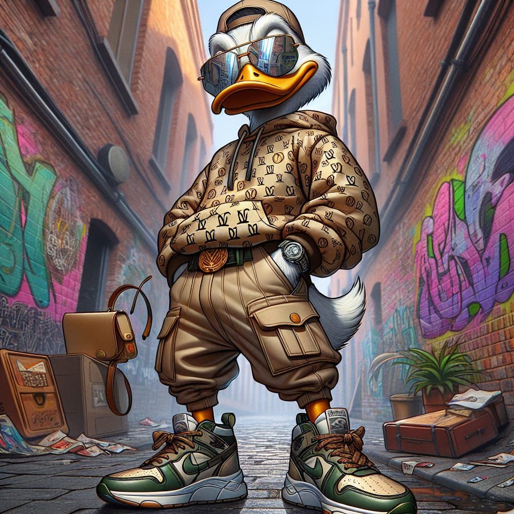Donald Duck in Louis Vuitton streetwear with nike shoes