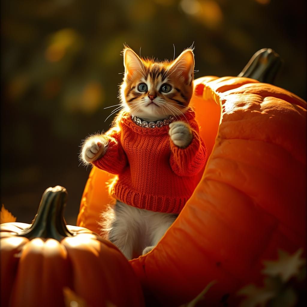 Kitten's Pumpkin Climb: A Whimsical Autumn Scene
