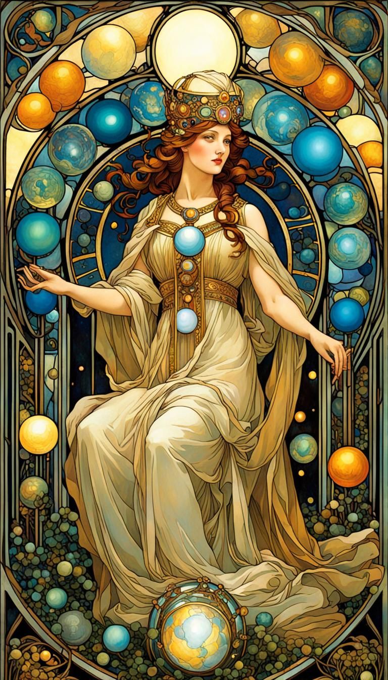 Queen of Orbs Tarot Card in Stained Glass Art Nouveau