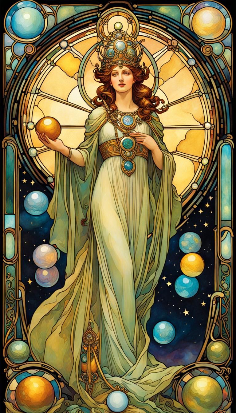 Queen of Orbs Stained Glass Art Nouveau