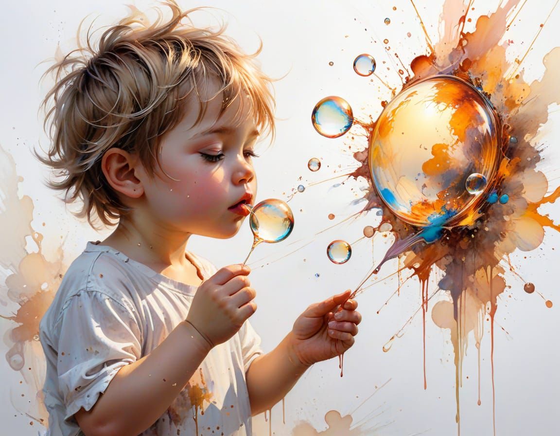 Toddler Blowing Bubbles at Sunset in Watercolor Style