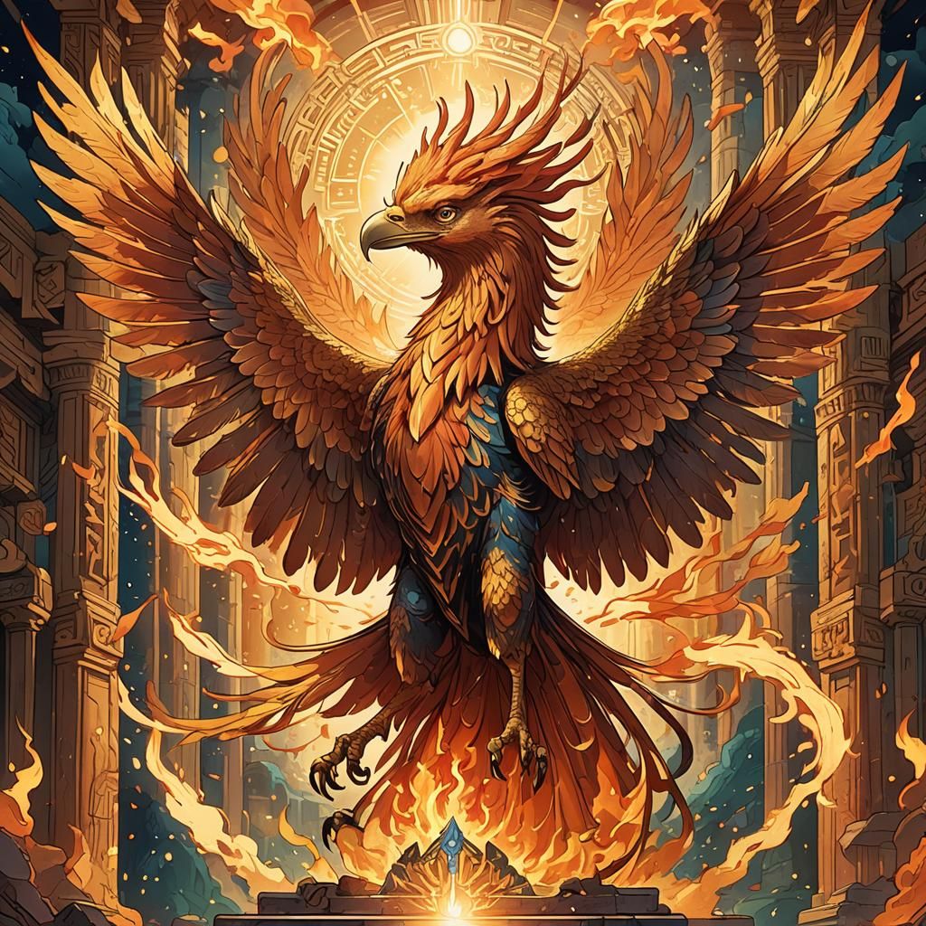 Anime Phoenix Rising From Flames in Ancient Temple