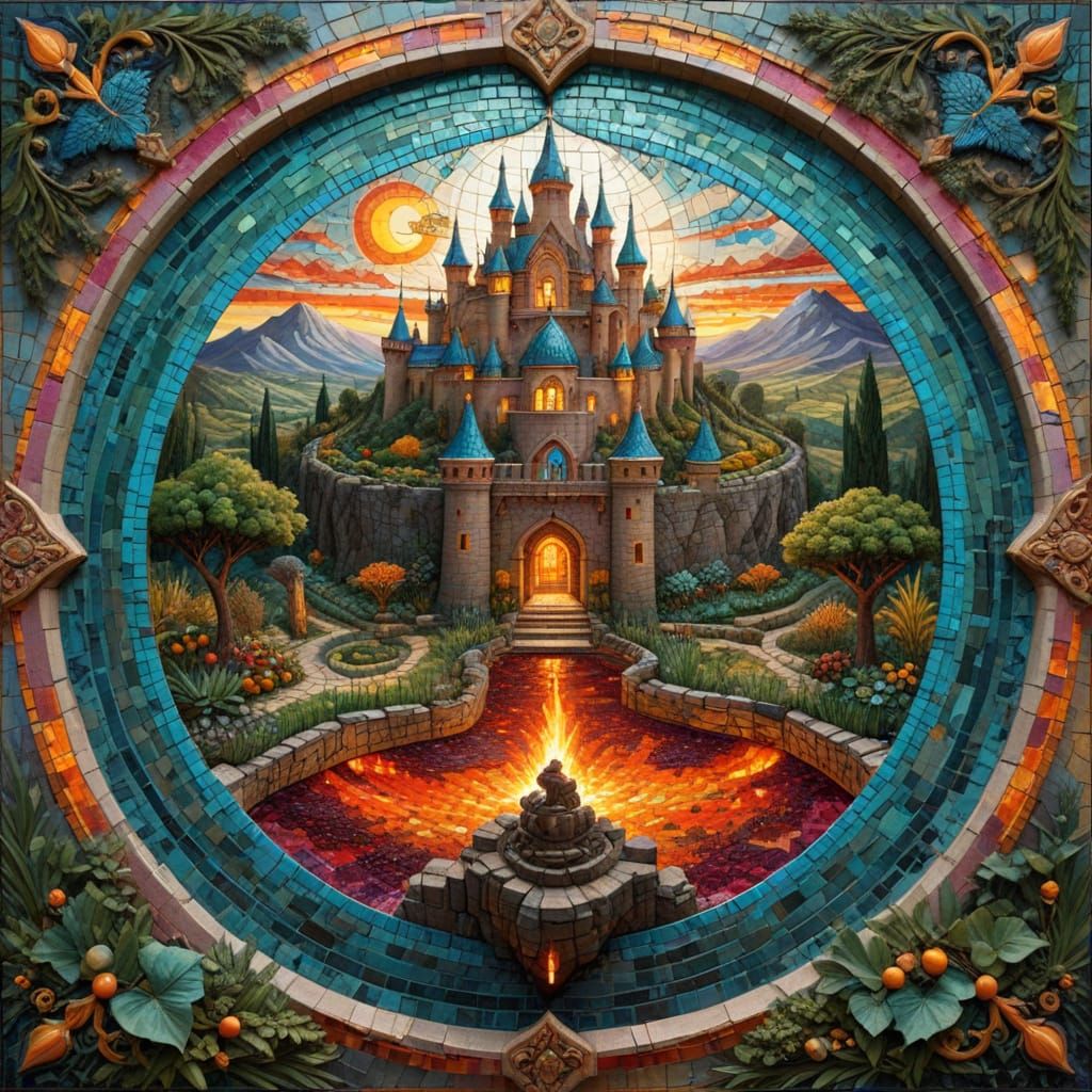 Vibrant Mosaic Castle with Lava Moat and Lush Garden