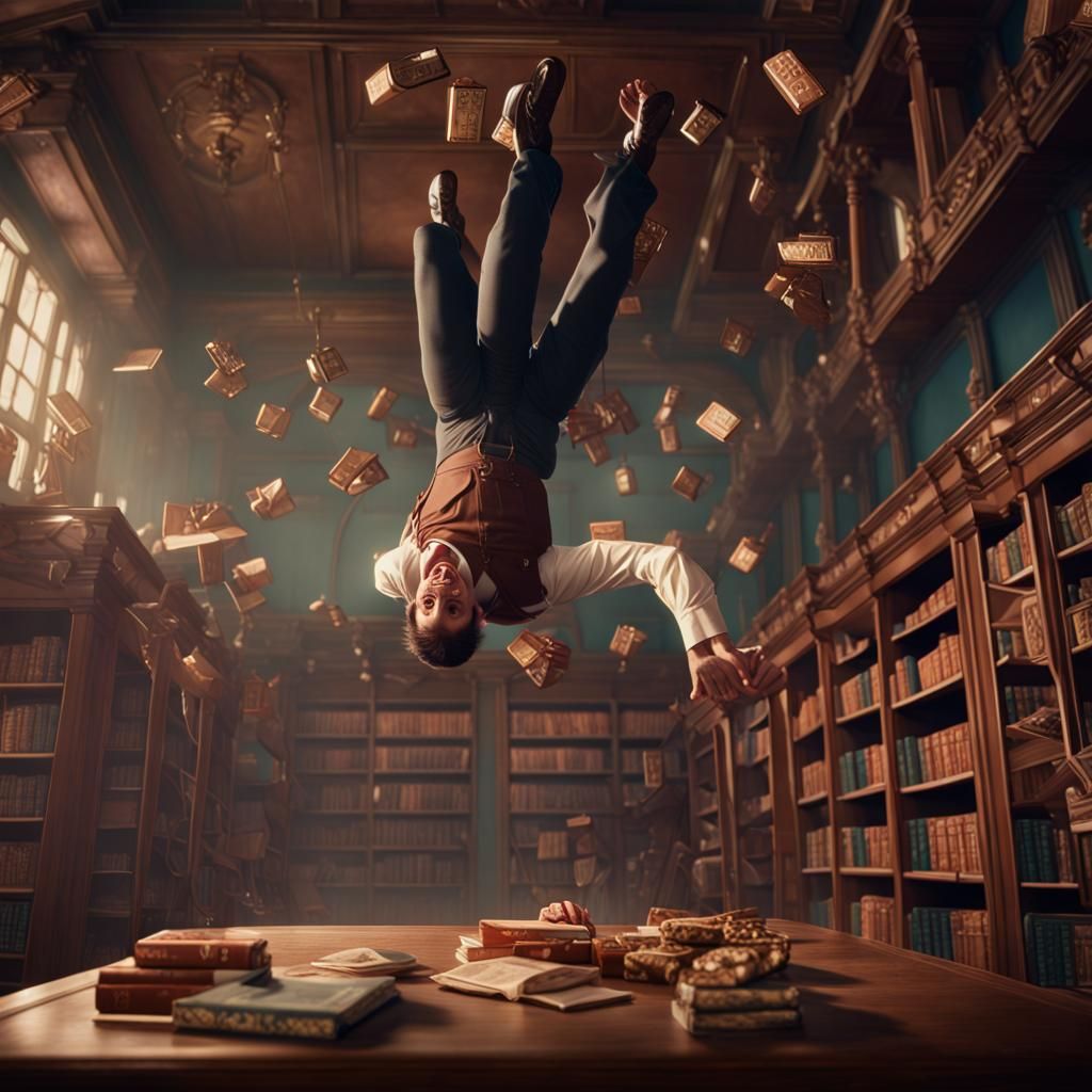 1940s Man Hanging Upside Down in Library