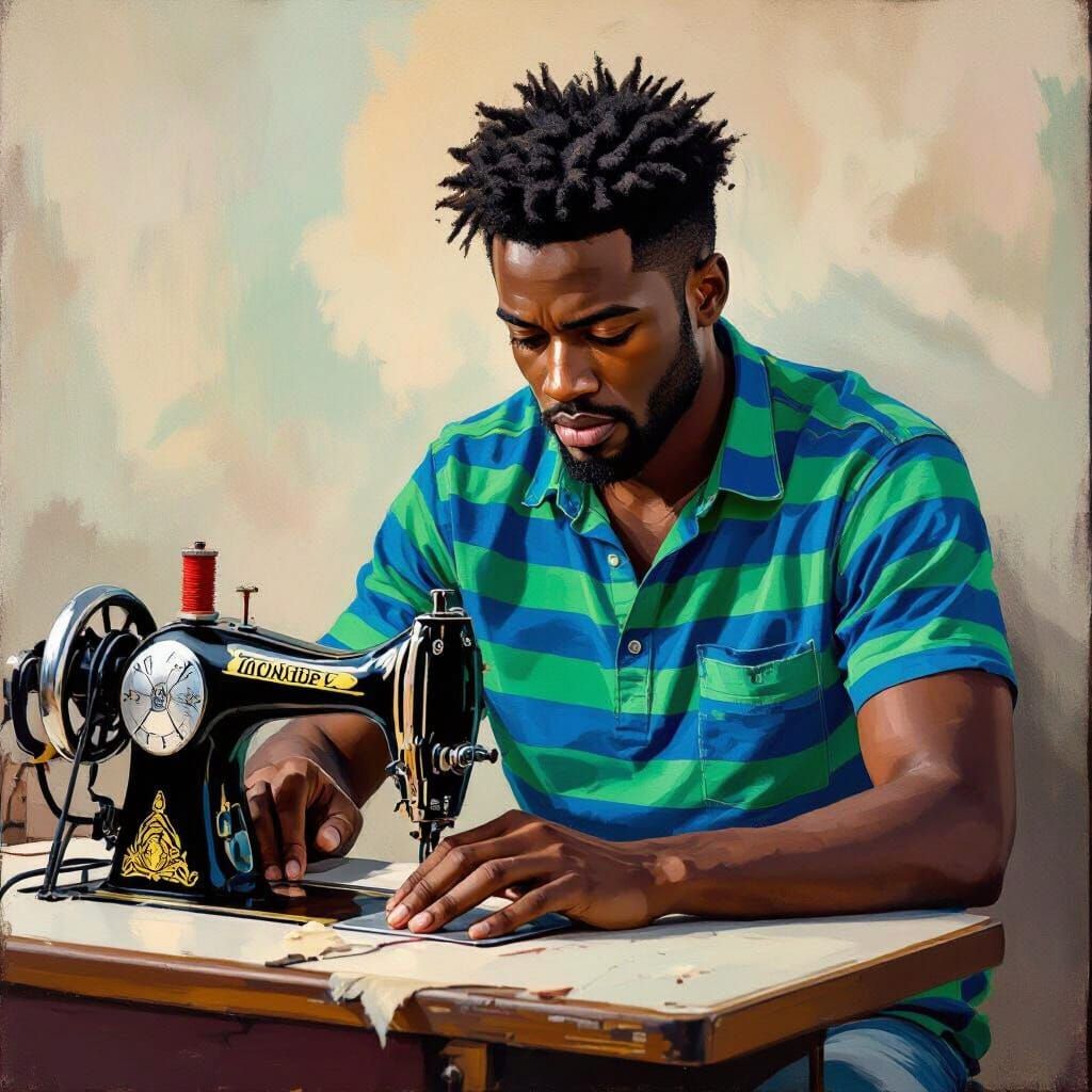 Man at Sewing Machine, Expressive Texture Art