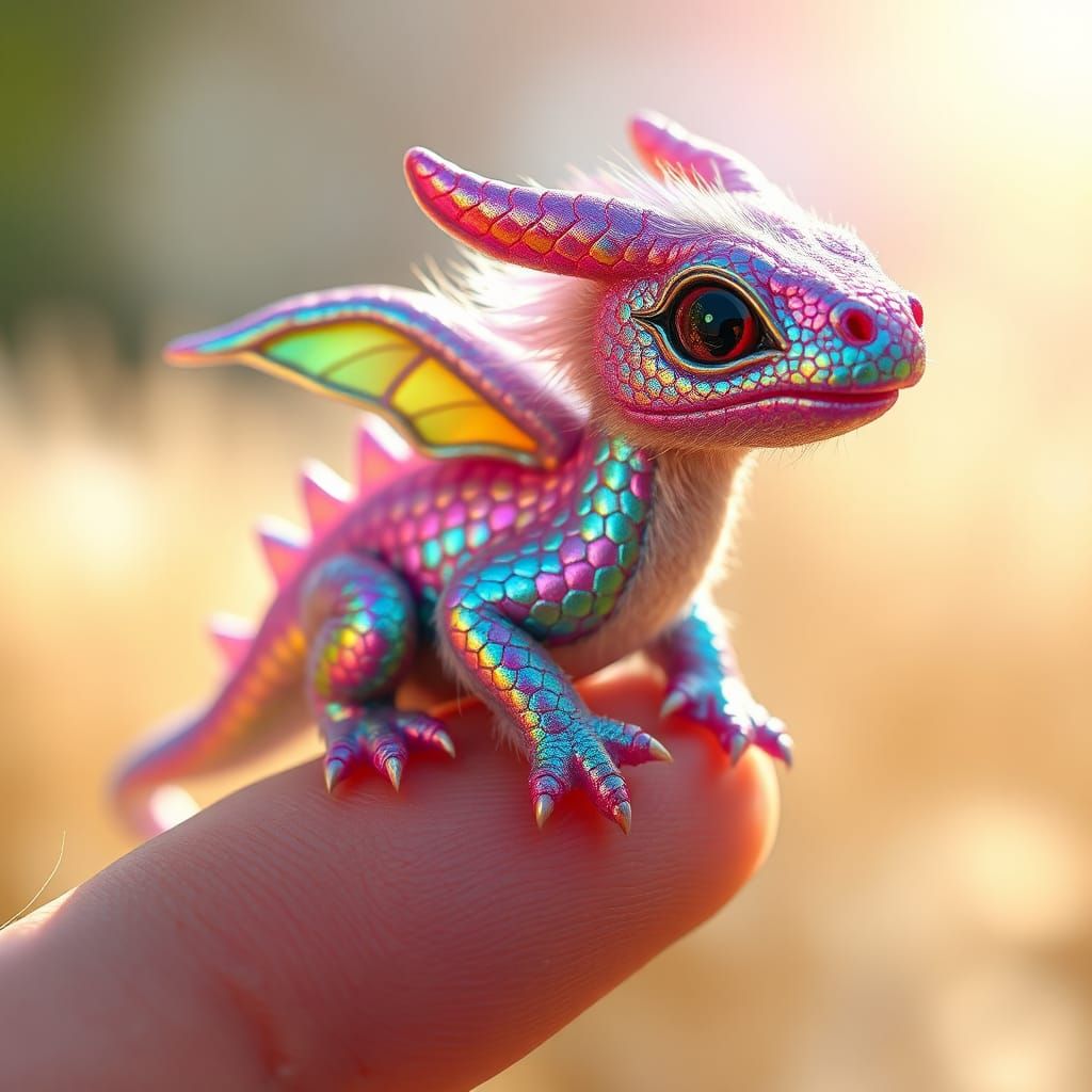 Iridescent Dragon Perched on Finger: Fantasy Illustration