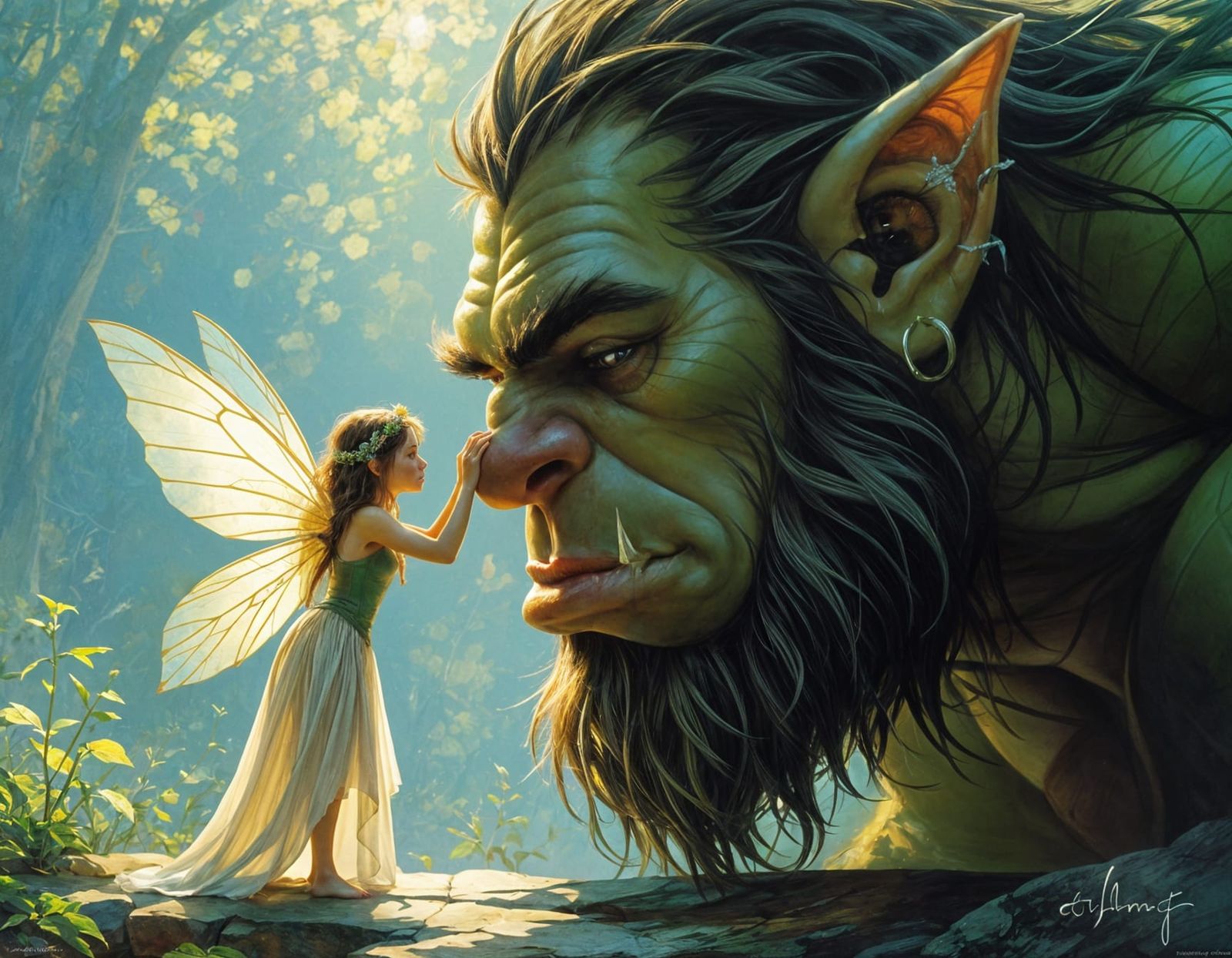 Tiny Fairy Greets Kind Ogre in Cinematic Style