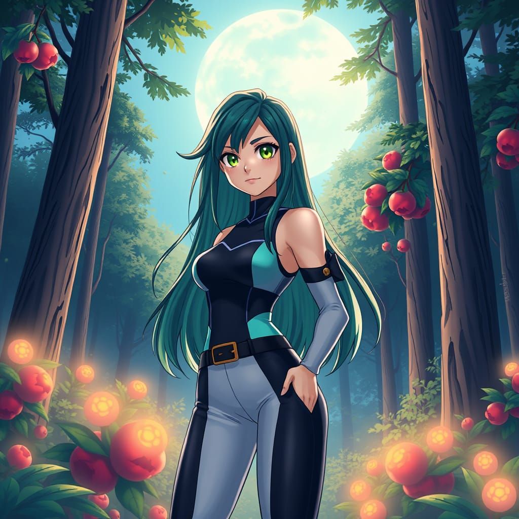 Anime-Inspired Young Woman in Moonlit Forest