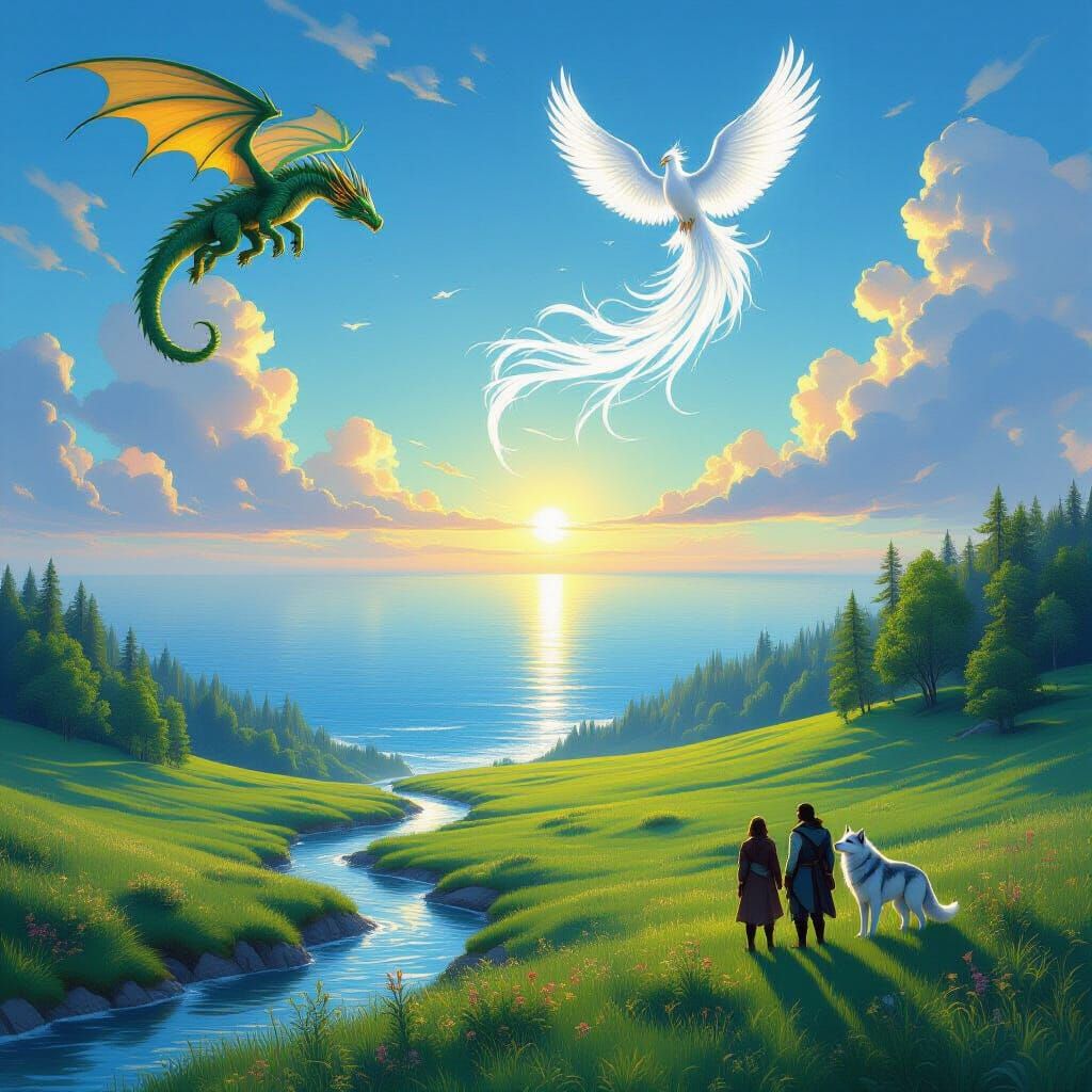 Fantasy Landscape: Dragon, Phoenix, and River to Sea