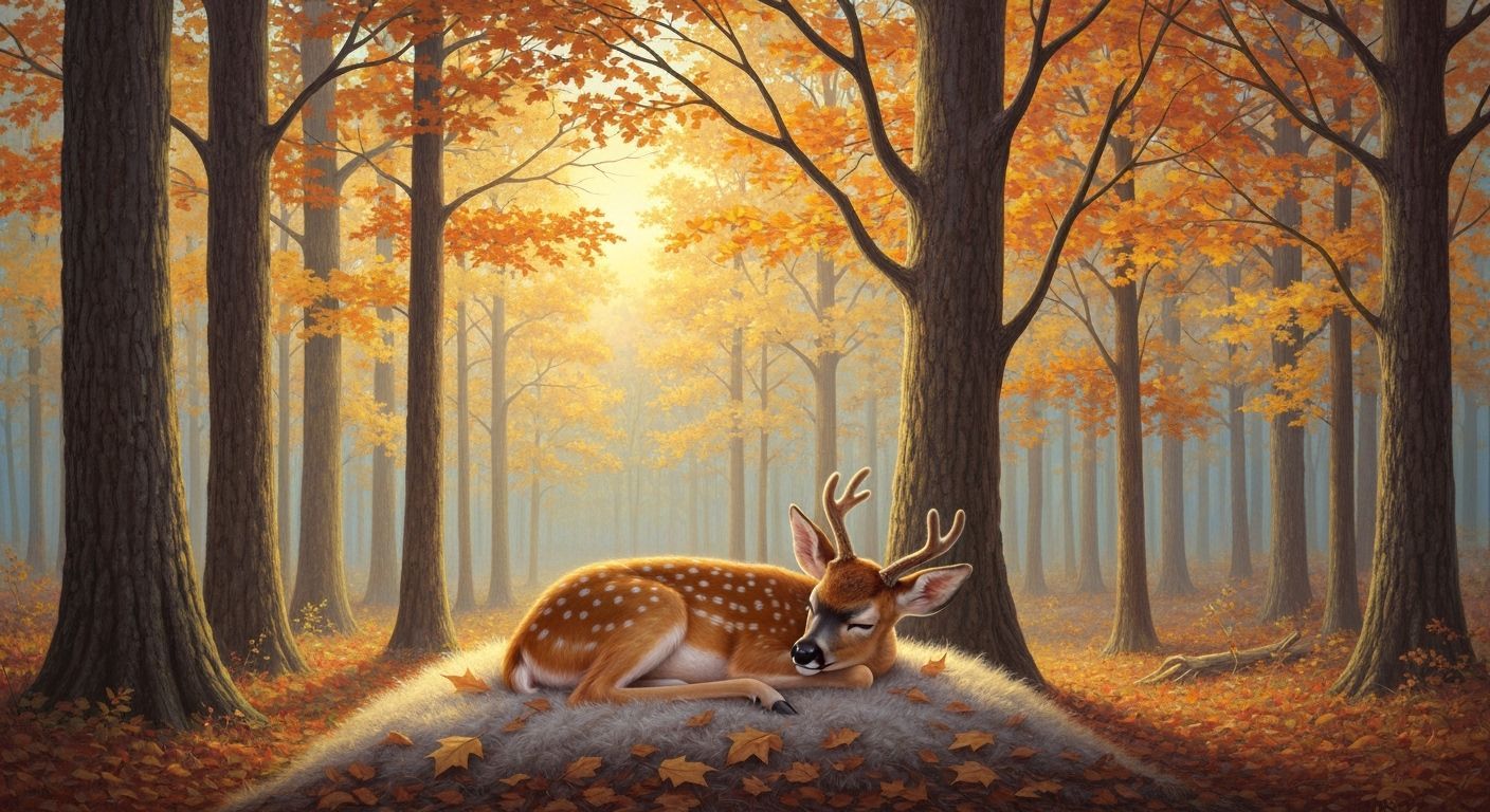 Baby Deer Asleep in Autumn Foliage Forest
