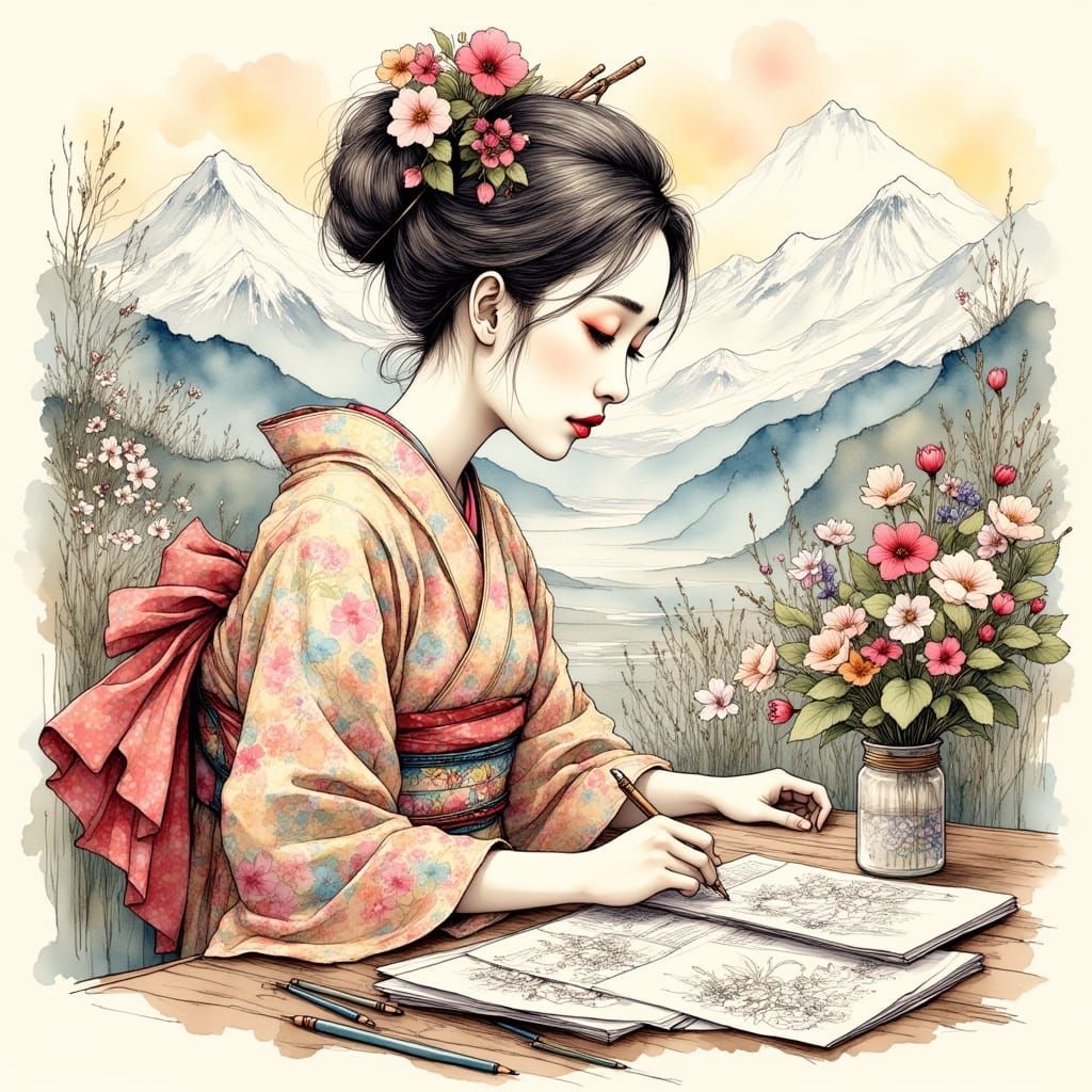 Japanese Woman Coloring Book Cover in Woodblock Style