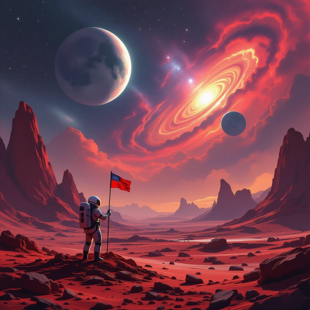 Astronaut Plants Flag on Crimson Planet in Nebula Sky