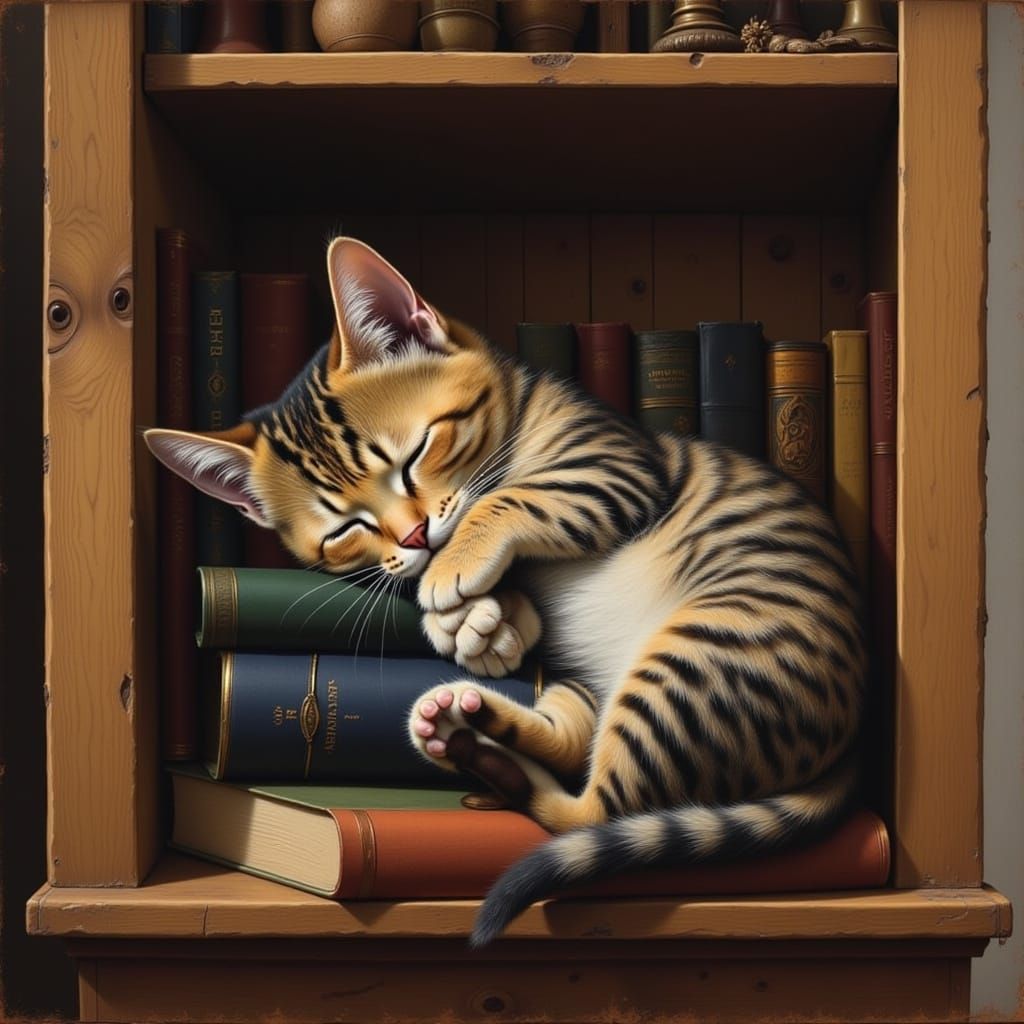 Tabby Kitten's Nap on Bookshelf