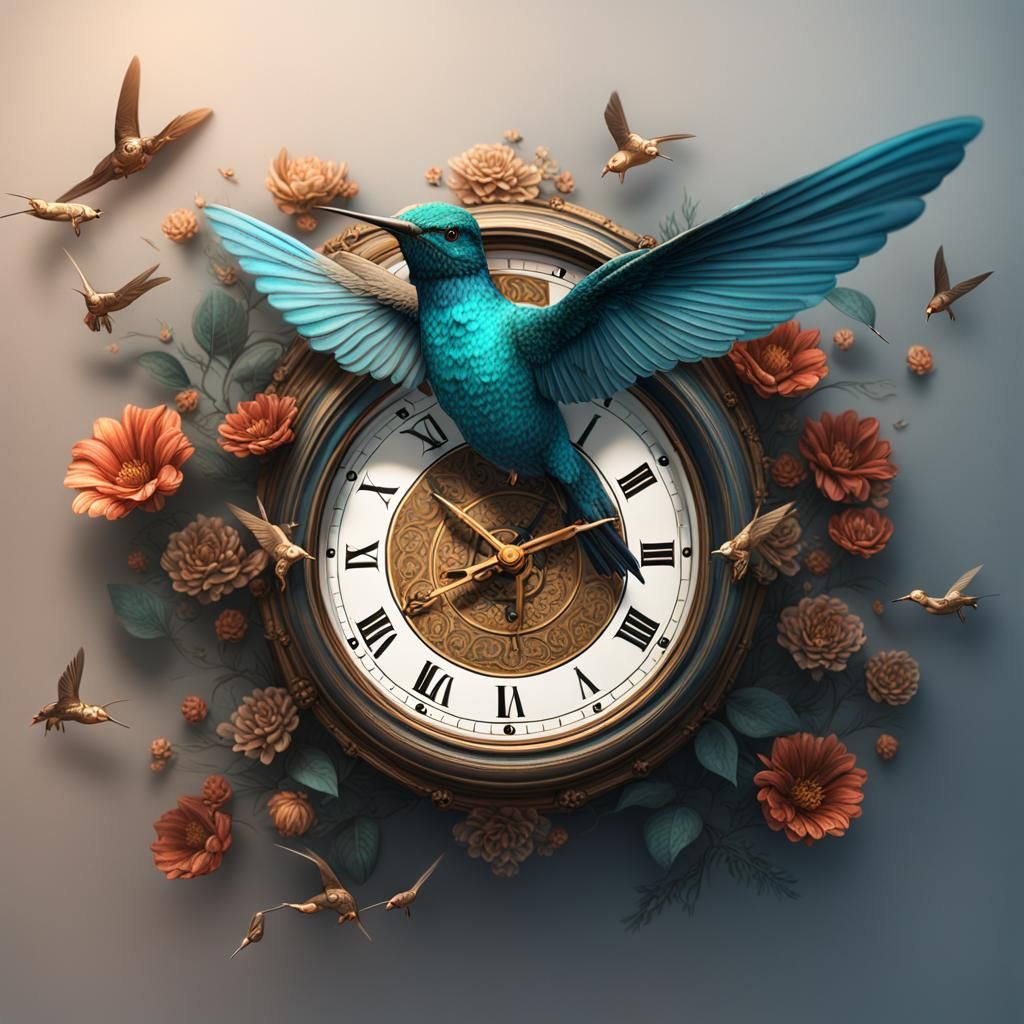 A clock with hands that are tiny, fluttering hummingbirds
